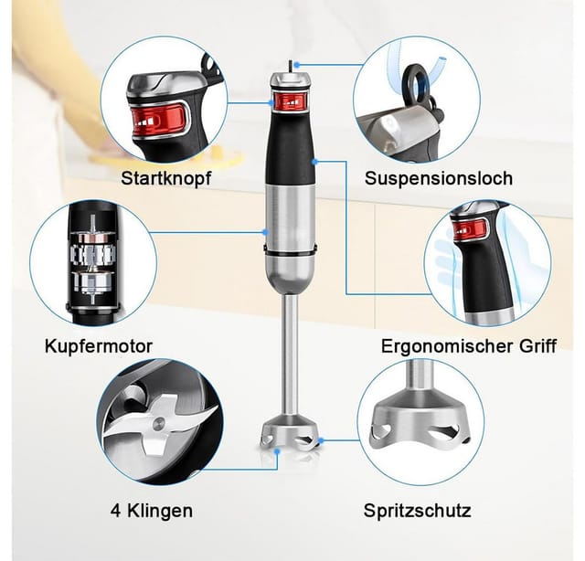 TUWENA Stabmixer Stabmixer 6-in-1 Pürierstab Set, Edelstahl Handheld Blender, 1200 W, Mit 3 Edelstahl -Agitatoren und 2 Rührbehältern