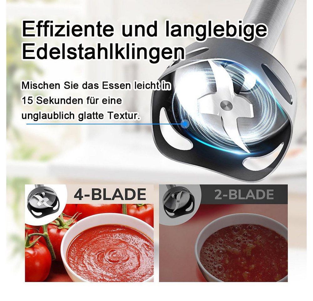 TUWENA Stabmixer Stabmixer 6-in-1 Pürierstab Set, Edelstahl Handheld Blender, 1200 W, Mit 3 Edelstahl -Agitatoren und 2 Rührbehältern Bild 2