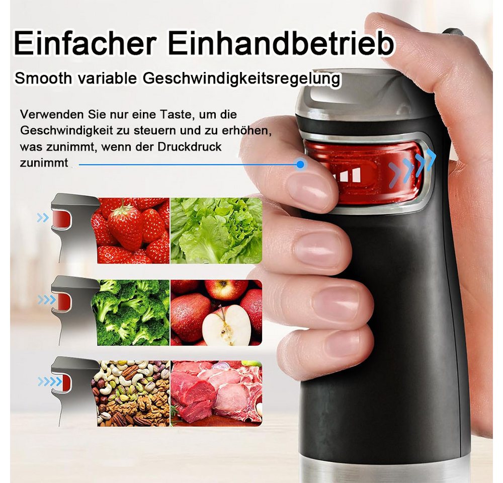 TUWENA Stabmixer Stabmixer 6-in-1 Pürierstab Set, Edelstahl Handheld Blender, 1200 W, Mit 3 Edelstahl -Agitatoren und 2 Rührbehältern Bild 4
