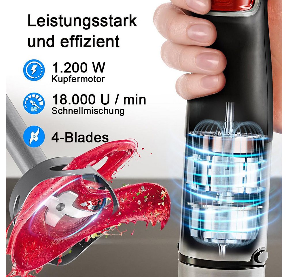 TUWENA Stabmixer Stabmixer 6-in-1 Pürierstab Set, Edelstahl Handheld Blender, 1200 W, Mit 3 Edelstahl -Agitatoren und 2 Rührbehältern Bild 5