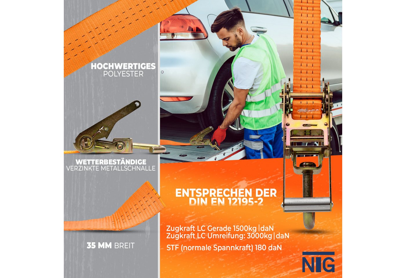 NTG Nutzfahrzeug Technik GmbH Spanngurt Zurrgurt Autotransport 4 Stück Set PKW Radsicherung Gurt Auto NTG (4-St) NACH DIN EN 12195-2 Bild 3