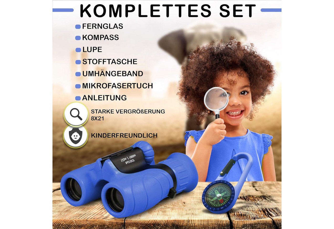 ibettertec 8x21 Kinderfernglas,Outdoor-Spielzeug Fernglas für Kinder,Blau Kinderfernglas (Mit Kompass, Lupe und Reinigungstuch, für Kinder 3-12 Jahre, Geschenk) Bild 4