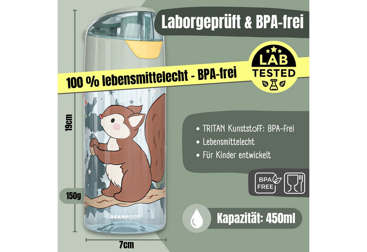BEARFOOT Trinkflasche Trinkflasche Kinder, leichte Wasserflasche-Eichhörnchen sage Bild 4