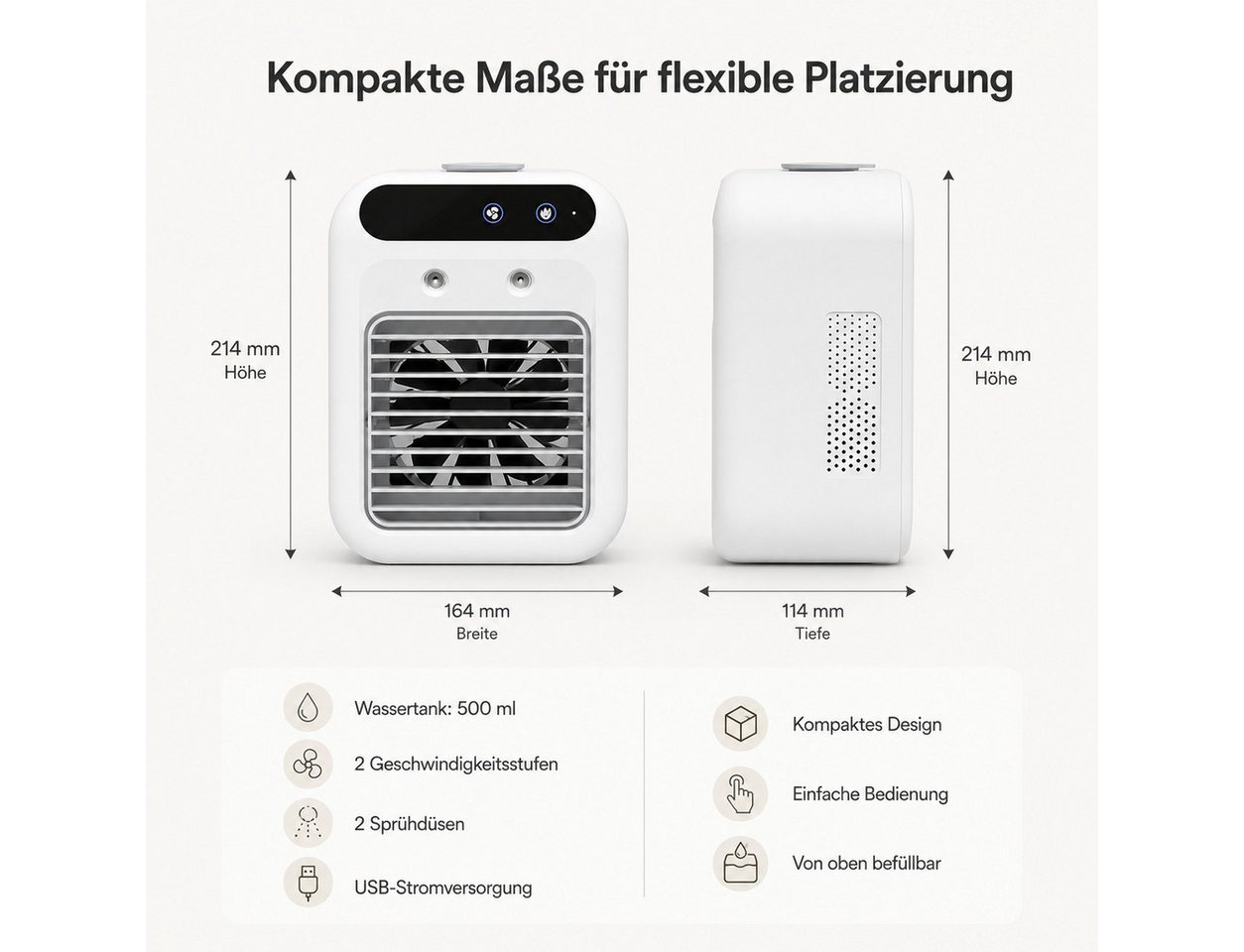 Tekoo Ventilatorkombigerät Tischventilator mit Luftbefeuchter, Mini-Luftkühler, USB-Akku, 2-in-1 Kühlung und Luftbefeuchtung