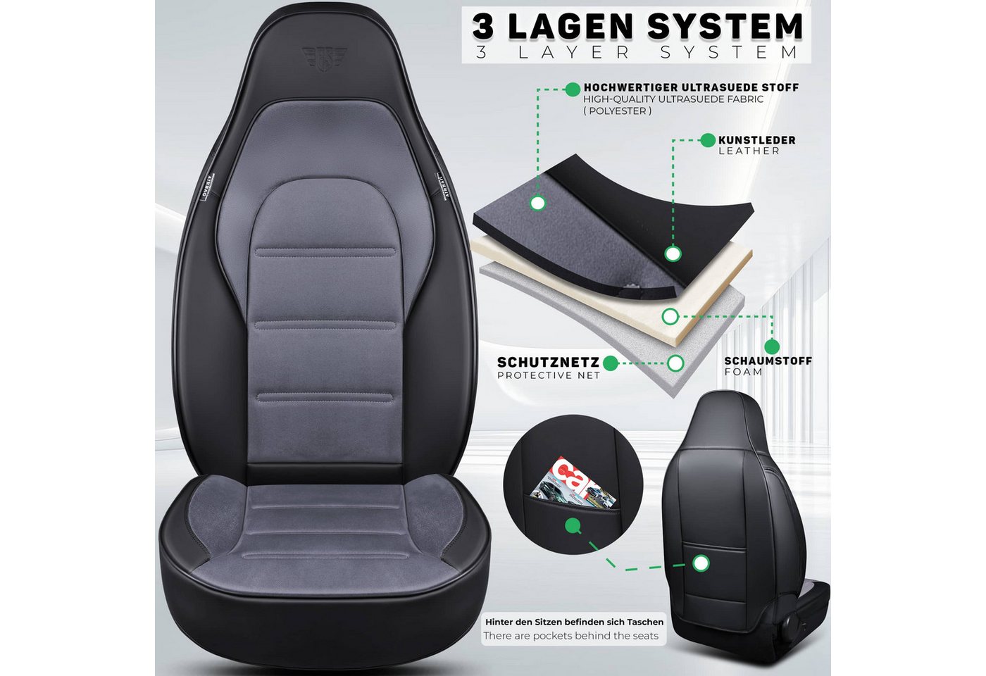 BREMER SITZBEZÜGE Autositzbezug für VW ID.3 Bj ab 2020 LT2, Set, 2-tlg., Schonbezüge Sitzbezüge Fahrer und Beifahrer, in Schwarz/Grau Bild 4