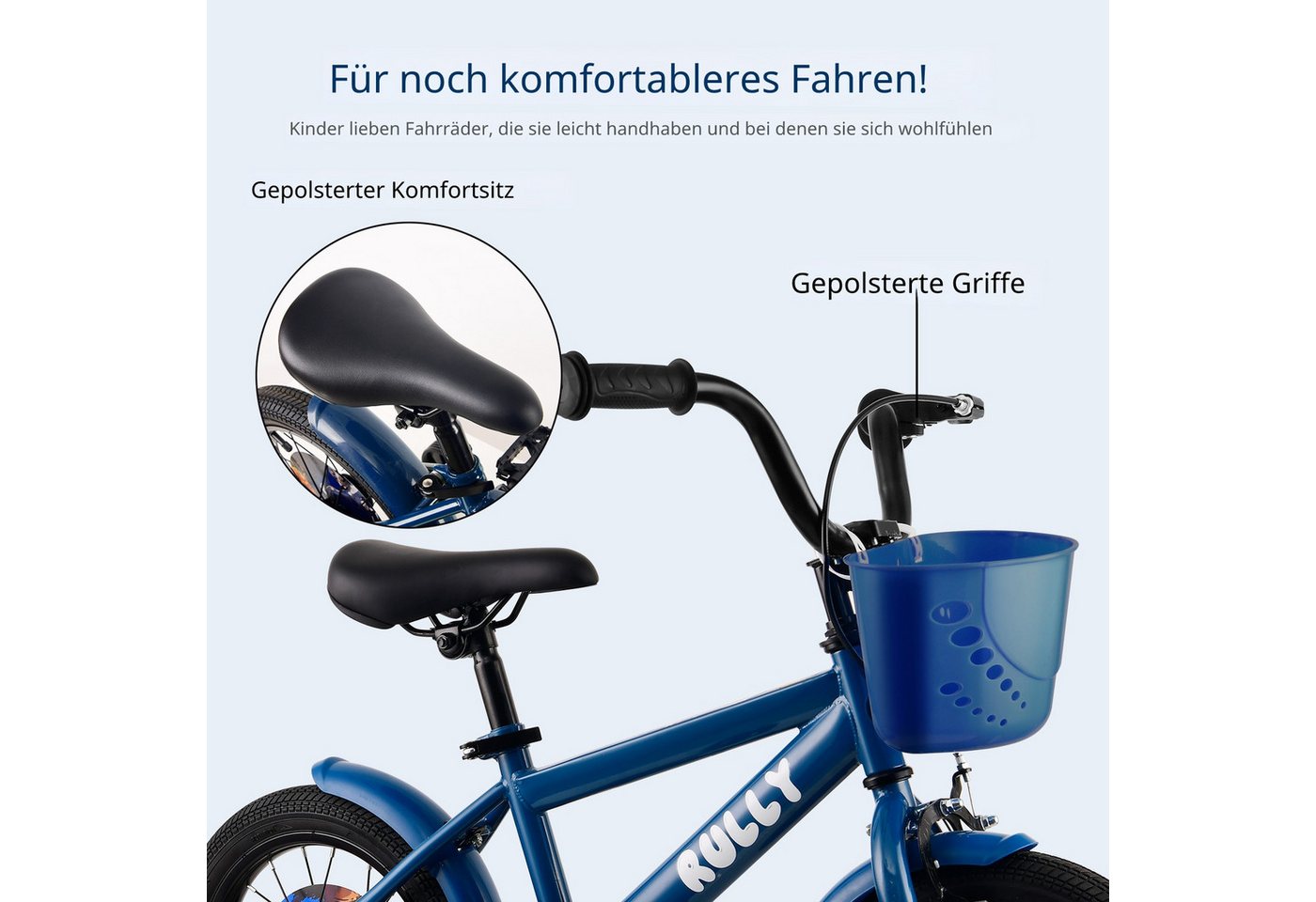 RULLY Kinderfahrrad Kinderfahrrad für Jungen 12/14/16 Zoll, 2–7 Jahre, 1 Gang, Mit Stützrädern Rücktrittbremse, Handbremse, Korb