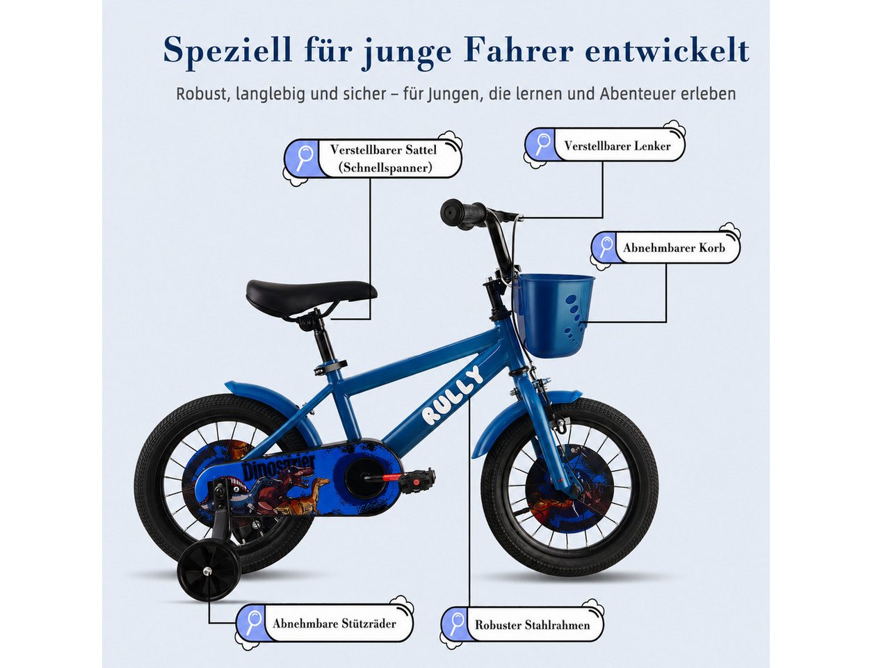 RULLY Kinderfahrrad Kinderfahrrad für Jungen 12/14/16 Zoll, 2–7 Jahre, 1 Gang, Mit Stützrädern Rücktrittbremse, Handbremse, Korb Bild 5
