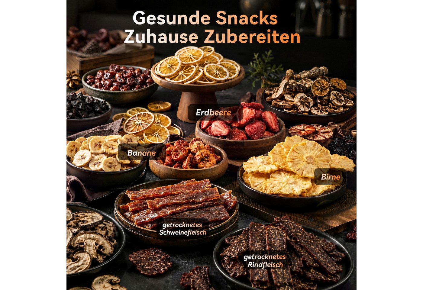 Furnicopia Dörrautomat Edelstahl Lebensmitteltrockner – 10 Tabletts, 48h, 850W 550 W, 6 Etagen, 360°-Umluft, 24-h-Warmhalten, für Obst, Jerky u. a., inkl. Rezeptbuch