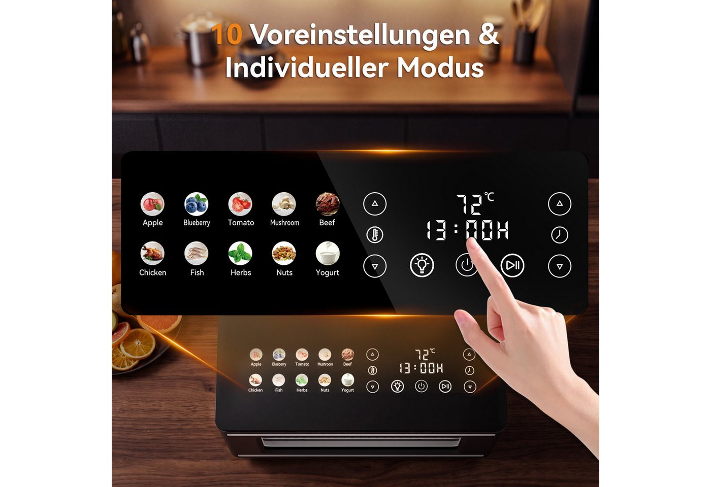 Furnicopia Dörrautomat Edelstahl Lebensmitteltrockner – 10 Tabletts, 48h, 850W 550 W, 6 Etagen, 360°-Umluft, 24-h-Warmhalten, für Obst, Jerky u. a., inkl. Rezeptbuch Bild 2