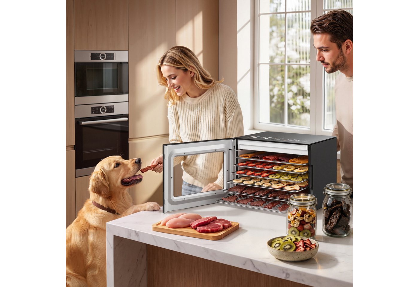 Furnicopia Dörrautomat Edelstahl Lebensmitteltrockner – 10 Tabletts, 48h, 850W 550 W, 6 Etagen, 360°-Umluft, 24-h-Warmhalten, für Obst, Jerky u. a., inkl. Rezeptbuch Bild 3