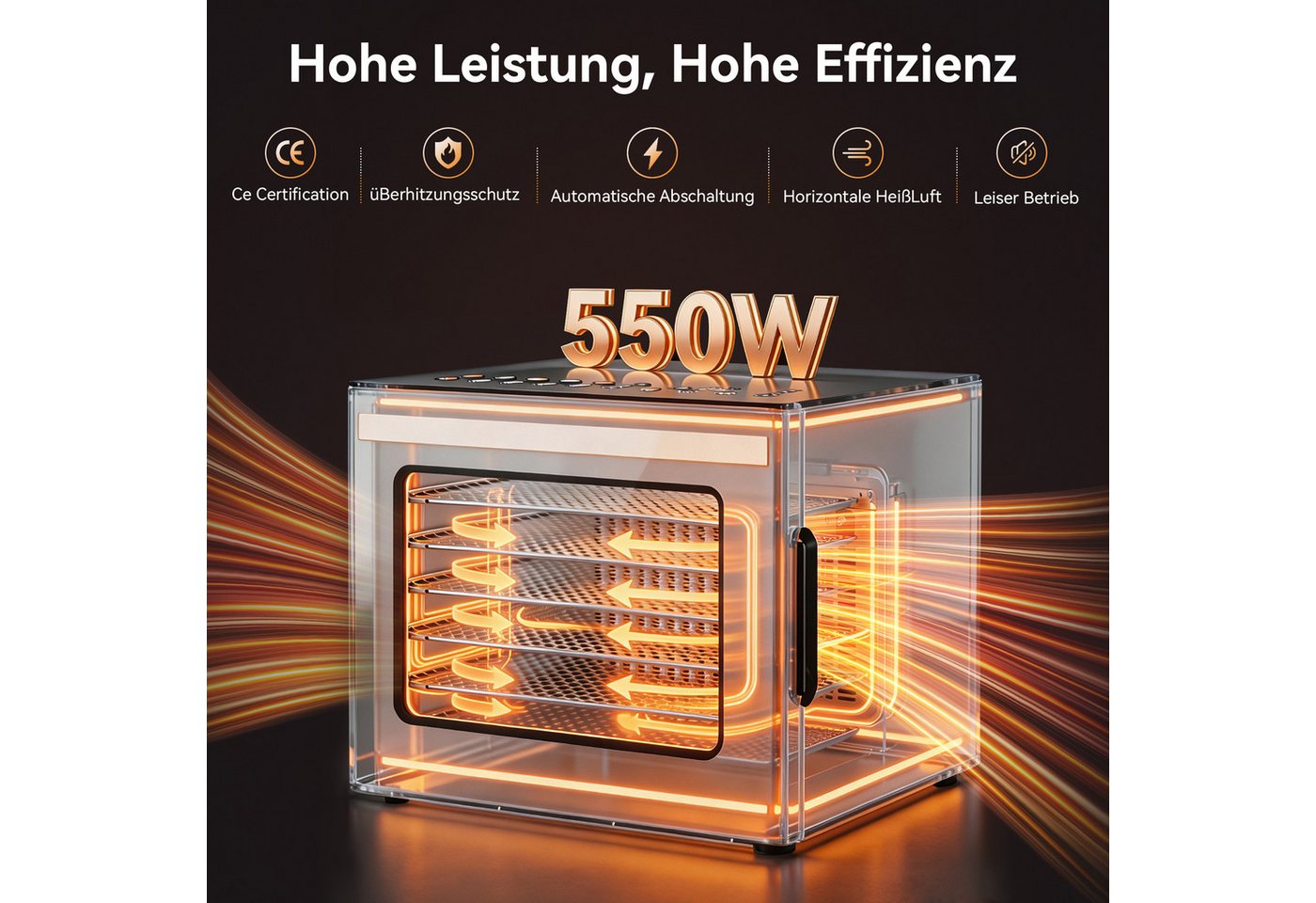 Furnicopia Dörrautomat Edelstahl Lebensmitteltrockner – 10 Tabletts, 48h, 850W 550 W, 6 Etagen, 360°-Umluft, 24-h-Warmhalten, für Obst, Jerky u. a., inkl. Rezeptbuch Bild 4