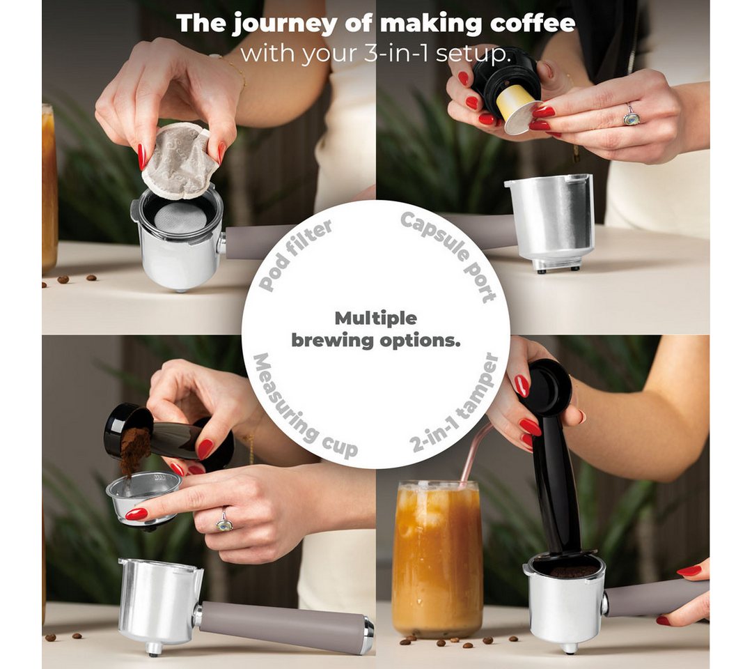 BerlingerHaus Siebträgermaschine BH 9856, 20 Bar, für Kaffeepulver, Kapseln & ESE-Pads, Milchaufschäumer