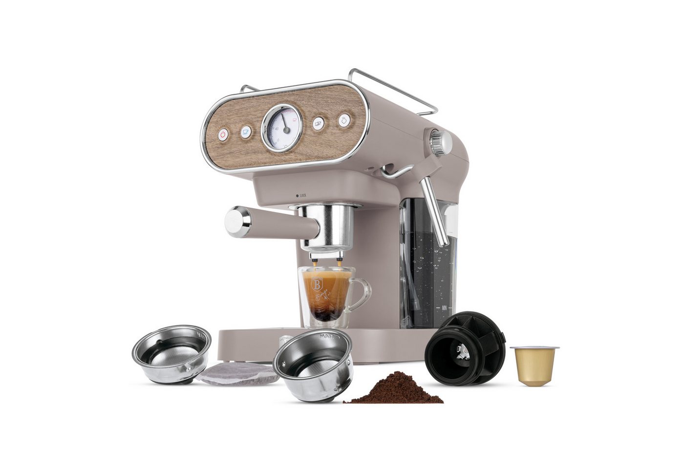 BerlingerHaus Siebträgermaschine BH 9856, 20 Bar, für Kaffeepulver, Kapseln & ESE-Pads, Milchaufschäumer Bild 4