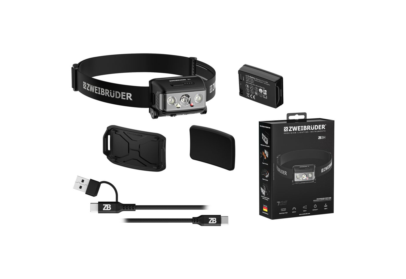 Zweibrüder LED Stirnlampe ZB3H, Focus-Function aufladbar / USB-C Aluminium Housing Rotlicht