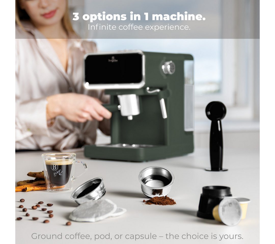 BerlingerHaus Siebträgermaschine BH 9850, 20 Bar, Touch-Display, Milchaufschäumer, für Kaffee, Pads & Kapseln