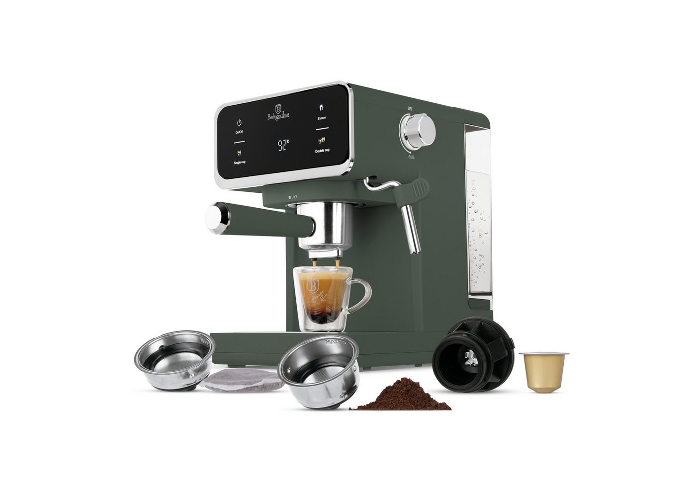 BerlingerHaus Siebträgermaschine BH 9850, 20 Bar, Touch-Display, Milchaufschäumer, für Kaffee, Pads & Kapseln Bild 3