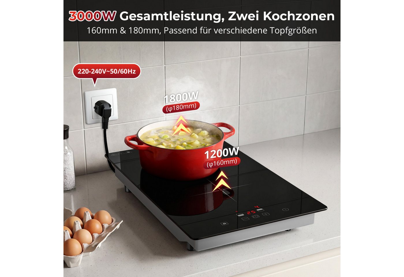 SNDOAS Elektro-Kochfeld, 30 cm Doppel‑Induktionskochfeld 2 Platten 3000 W