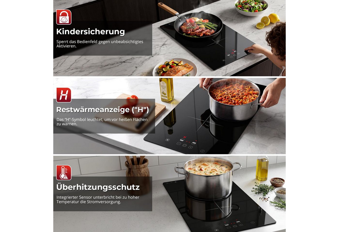 SNDOAS Elektro-Kochfeld, 30 cm Doppel‑Induktionskochfeld 2 Platten 3000 W Bild 2