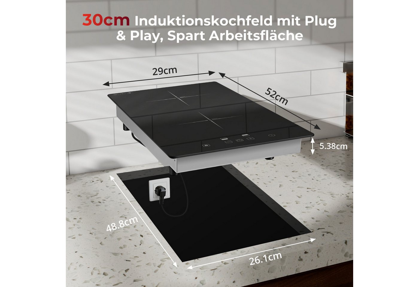 SNDOAS Elektro-Kochfeld, 30 cm Doppel‑Induktionskochfeld 2 Platten 3000 W Bild 3