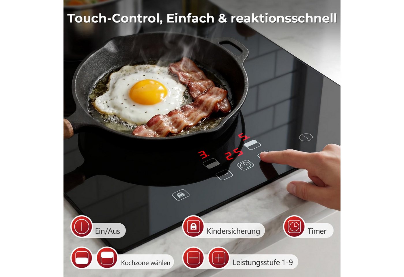 SNDOAS Elektro-Kochfeld, 30 cm Doppel‑Induktionskochfeld 2 Platten 3000 W Bild 4