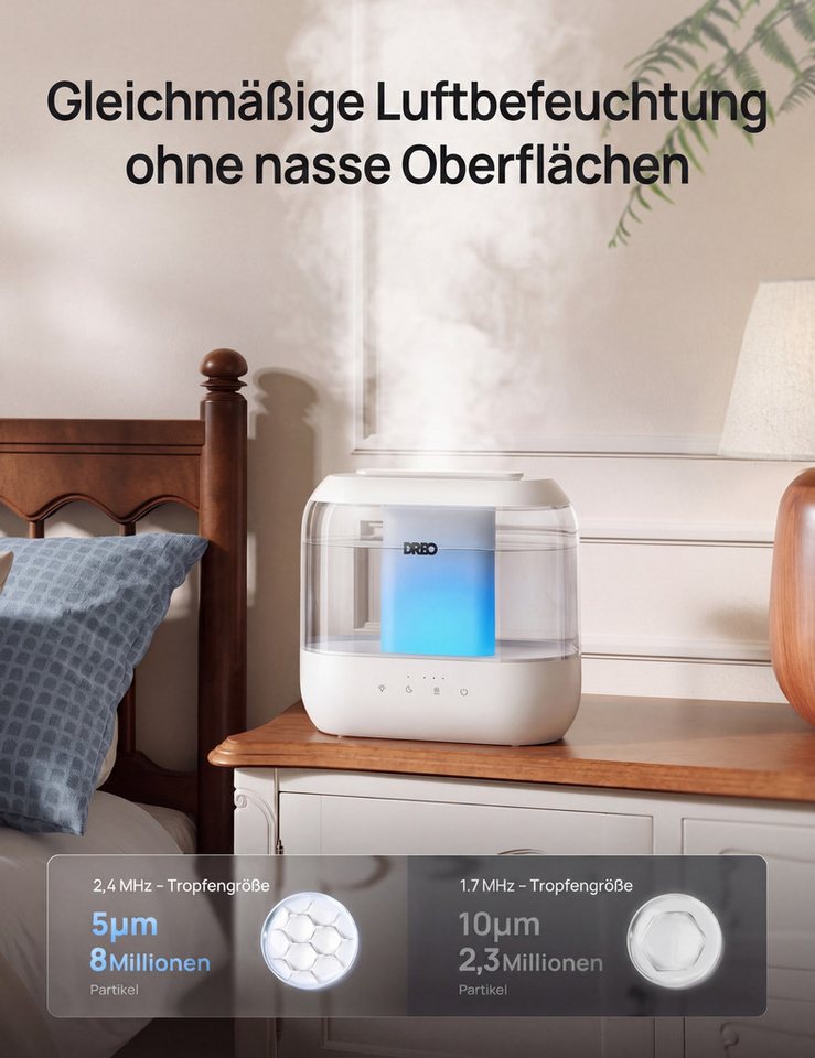 Dreo Luftbefeuchter Schlafzimmer 4L Top-Fill Luftbefeuchter, leiser Ultraschall-Kaltnebel, 4,10 l Wassertank, 32H Laufzeit Öl-Diffusor und Nachtlicht,für Kinderzimmer