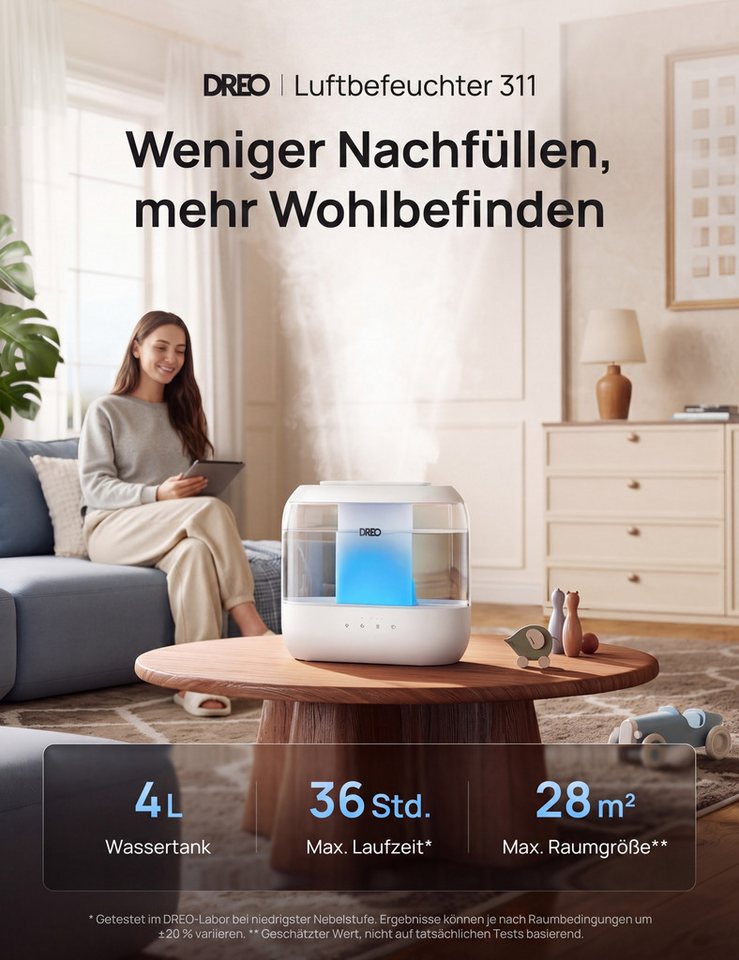 Dreo Luftbefeuchter Schlafzimmer 4L Top-Fill Luftbefeuchter, leiser Ultraschall-Kaltnebel, 4,10 l Wassertank, 32H Laufzeit Öl-Diffusor und Nachtlicht,für Kinderzimmer Bild 2