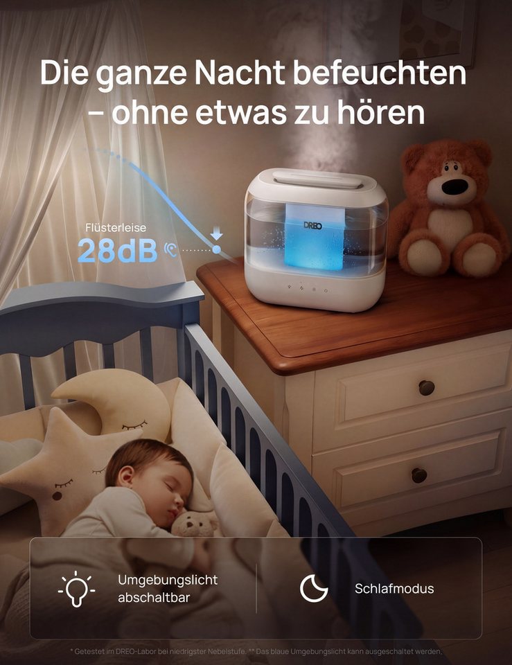 Dreo Luftbefeuchter Schlafzimmer 4L Top-Fill Luftbefeuchter, leiser Ultraschall-Kaltnebel, 4,10 l Wassertank, 32H Laufzeit Öl-Diffusor und Nachtlicht,für Kinderzimmer Bild 4