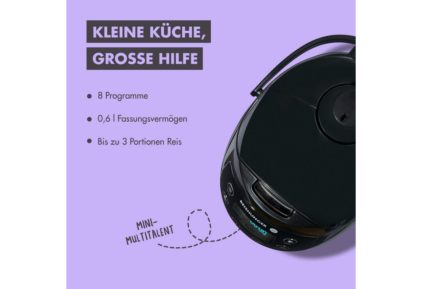 Reishunger Reiskocher Digital Mini – 0,6 L – Multikocher – 8 Programme – Keramikbeschichtung, 350 W, Innovative Fuzzy Logic 7-Kochphasen-Technologie