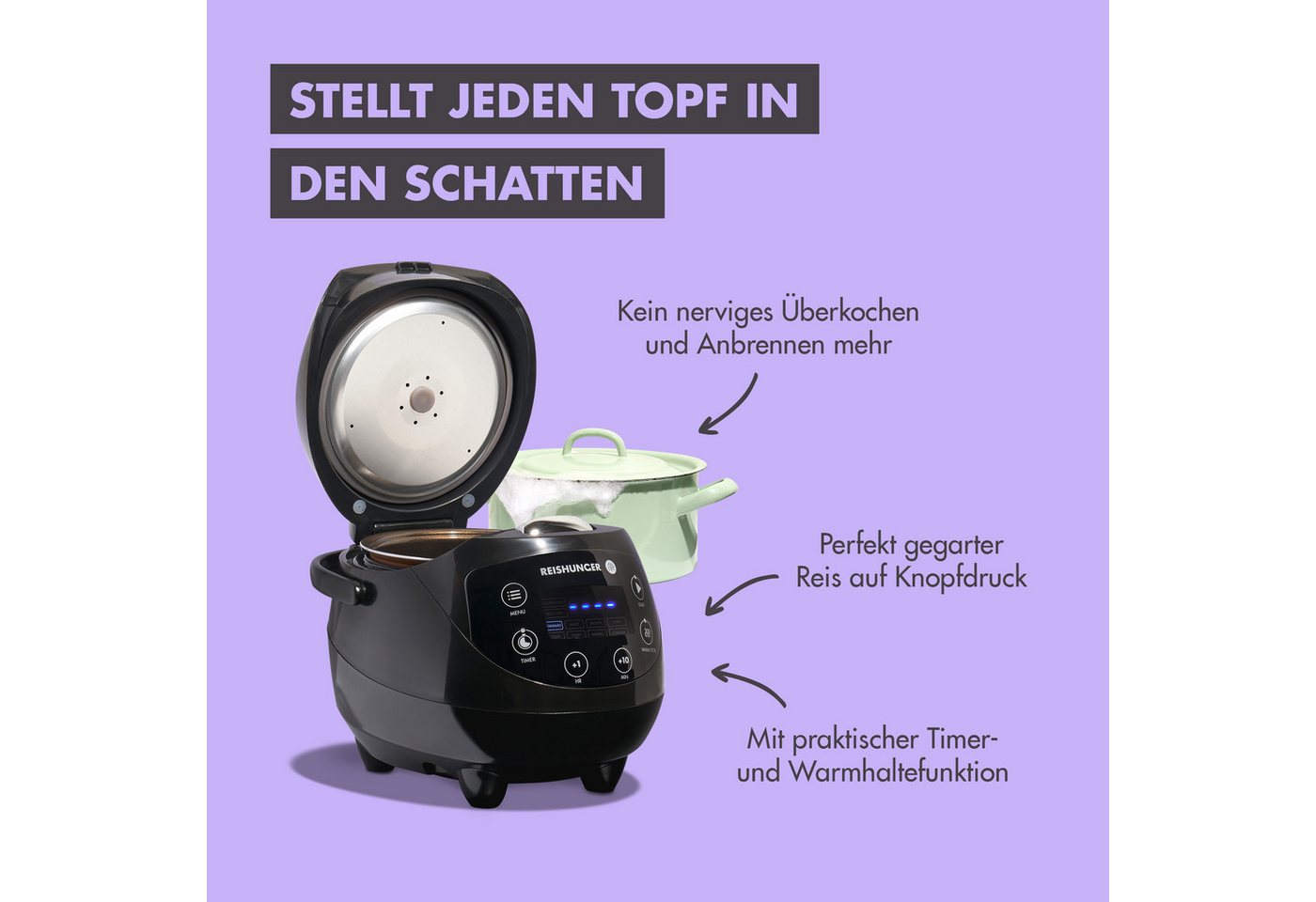 Reishunger Reiskocher Digital Mini – 0,6 L – Multikocher – 8 Programme – Keramikbeschichtung, 350 W, Innovative Fuzzy Logic 7-Kochphasen-Technologie Bild 4