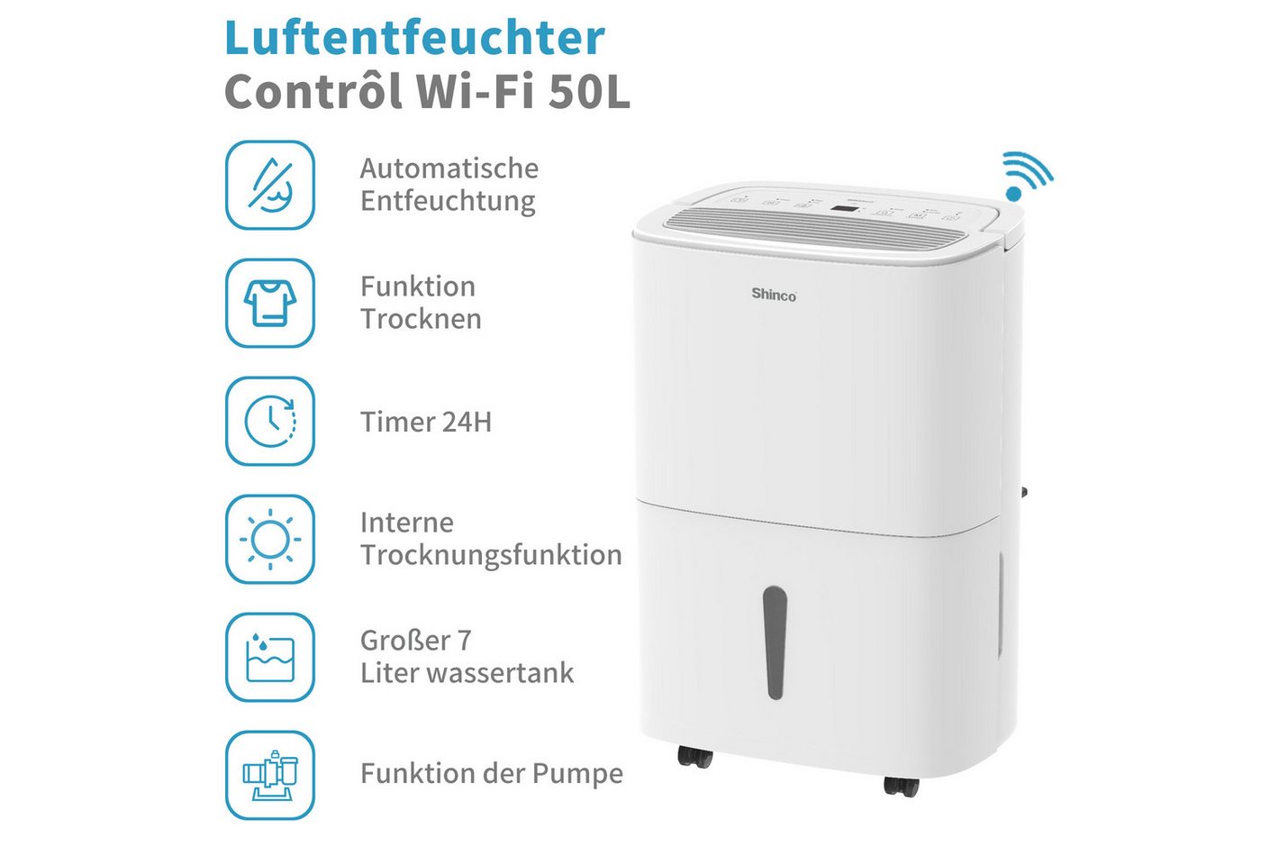 Shinco Luftentfeuchter Luftentfeuchter Elektrisch 50L, Entfeuchter für 165m³, Wifi, Pump, für 165 m³ Räume, Entfeuchtung 50 l/Tag, Tank 7 l, 50L elektrischer Luftentfeuchter, für 165m³, pump, wifi Bild 5