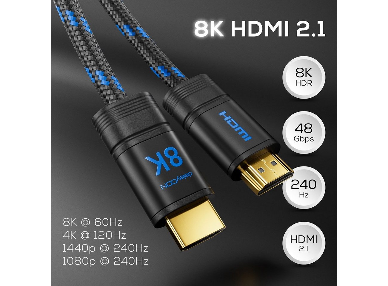 deleyCON deleyCON 0,5m 8K UHD-II HDMI 2.1 Nylon Kabel 8K@60Hz 4K@120Hz HDMI-Kabel Bild 2