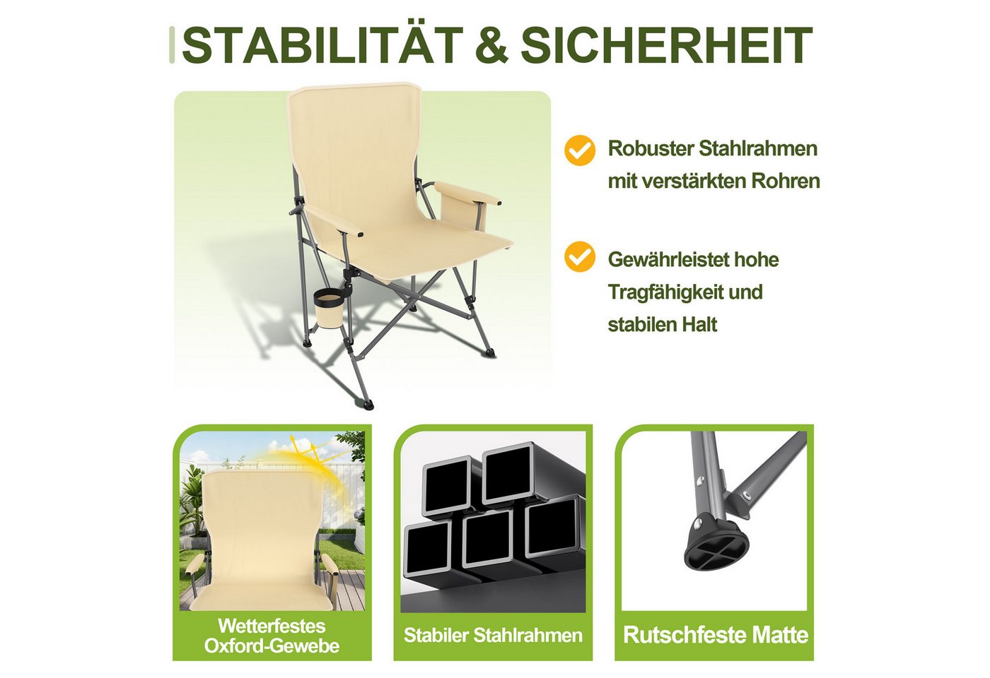 FIVMEN Campingstuhl Angelstuhl Faltbar Klappstühle mit Getränkehalter & Tasche, Faltstuhl Liegestuhl Relaxsessel für Garten Picknick