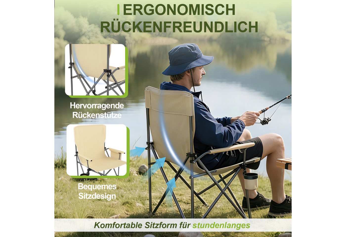 FIVMEN Campingstuhl Angelstuhl Faltbar Klappstühle mit Getränkehalter & Tasche, Faltstuhl Liegestuhl Relaxsessel für Garten Picknick Bild 2