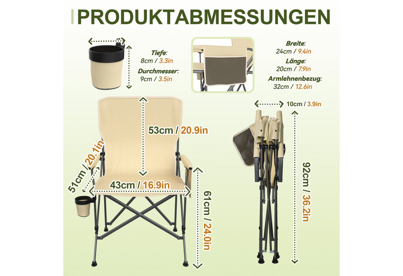 FIVMEN Campingstuhl Angelstuhl Faltbar Klappstühle mit Getränkehalter & Tasche, Faltstuhl Liegestuhl Relaxsessel für Garten Picknick Bild 3