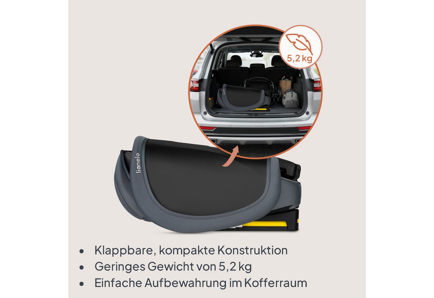 lionelo Autokindersitz ORIN I-SIZE, ab: ab 3,5-4 Jahre, bis: 12 Jahre, ab: 100 cm, bis: 150 cm, (4-teiliges Set), Klappbar/i-Size/14-fach verstellbare Kopfstütze