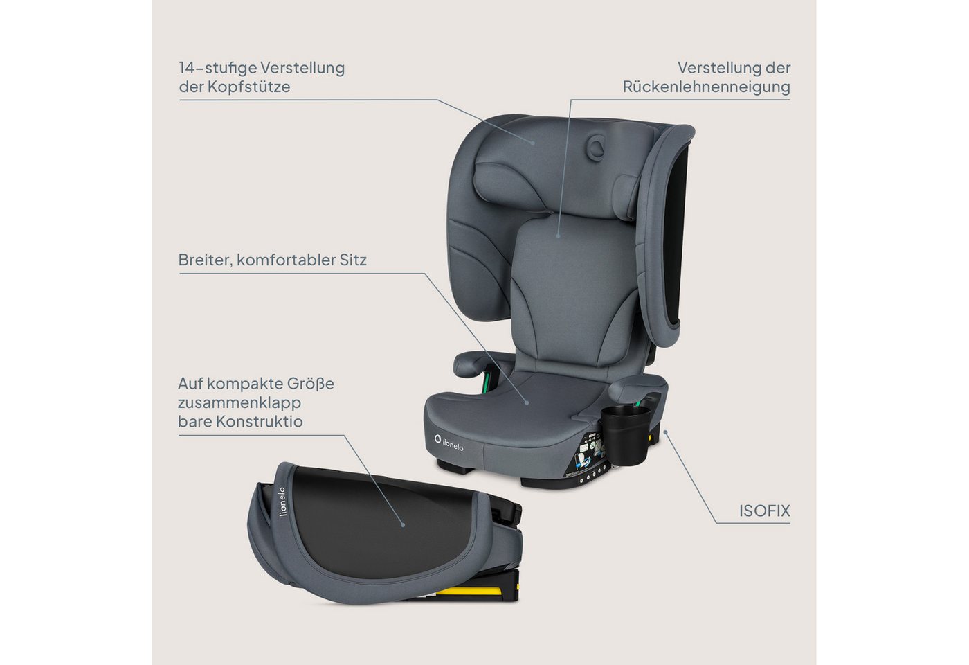 lionelo Autokindersitz ORIN I-SIZE, ab: ab 3,5-4 Jahre, bis: 12 Jahre, ab: 100 cm, bis: 150 cm, (4-teiliges Set), Klappbar/i-Size/14-fach verstellbare Kopfstütze Bild 2