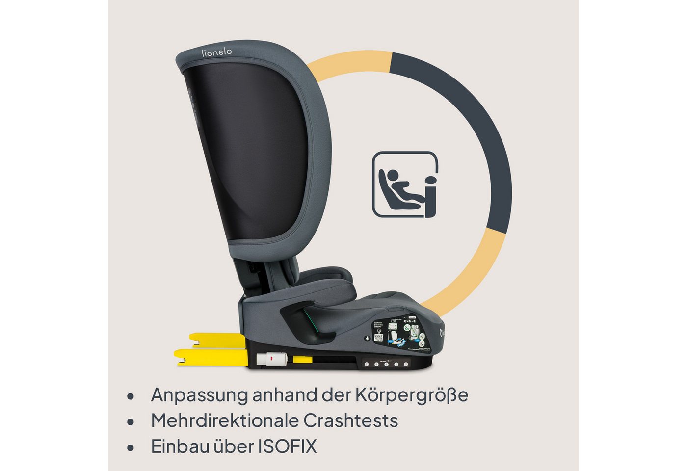 lionelo Autokindersitz ORIN I-SIZE, ab: ab 3,5-4 Jahre, bis: 12 Jahre, ab: 100 cm, bis: 150 cm, (4-teiliges Set), Klappbar/i-Size/14-fach verstellbare Kopfstütze Bild 5