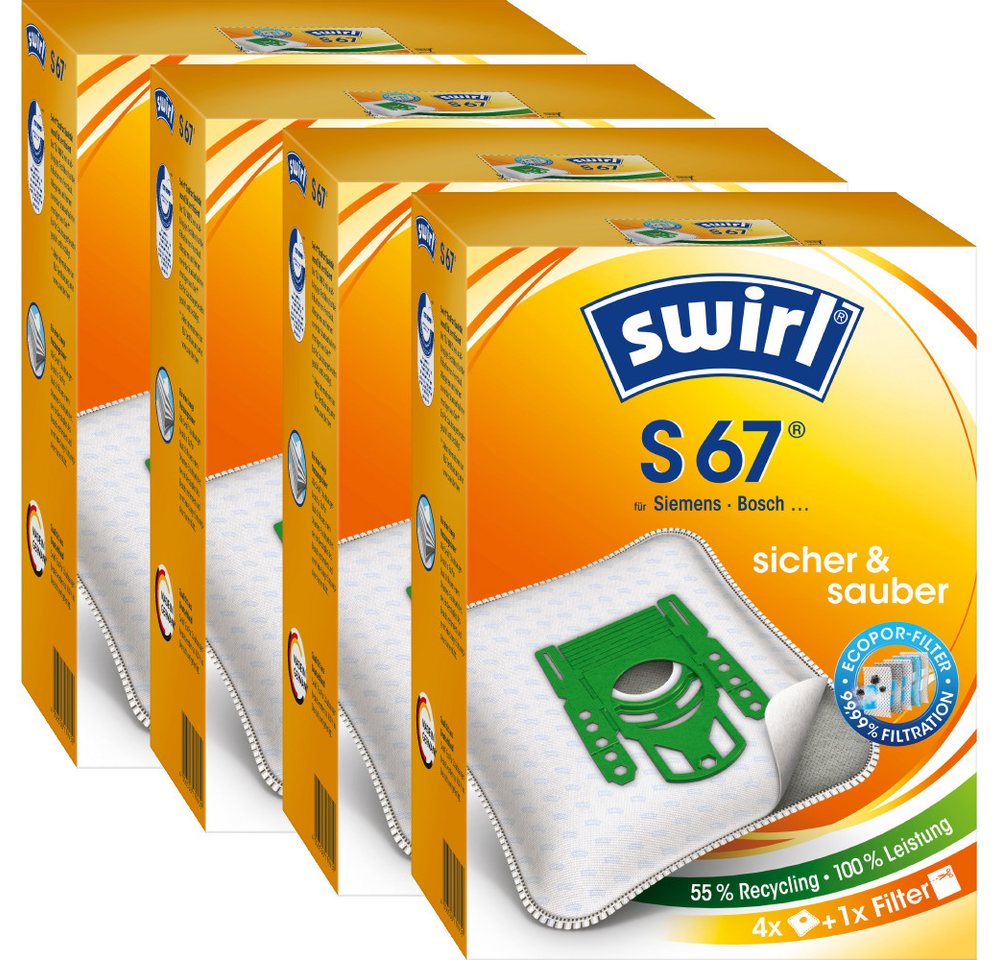Swirl Staubsaugerbeutel Swirl S67 S 67, passend für Siemens Bosch Staubsauger, inkl. 4 Filter - zuschneidbar, 16 St., Optimale Passform, EcoPor Qualität für lange Nutzungsdauer