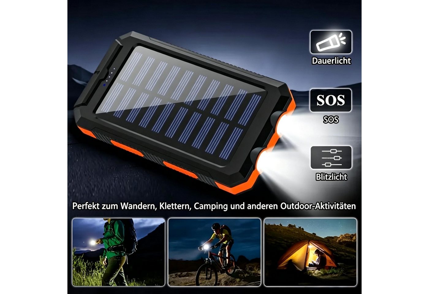 AIBISTAR 2 ser Set Solar Powerbank 20000mAh, LED, wasserdicht, Outdoor Solar Powerbank Solar Powerbank 20000 mAh (2 St), 2*20000 mAh,2 USB-Ausgänge,für Outdoor-Einsatz entwickelt Bild 2