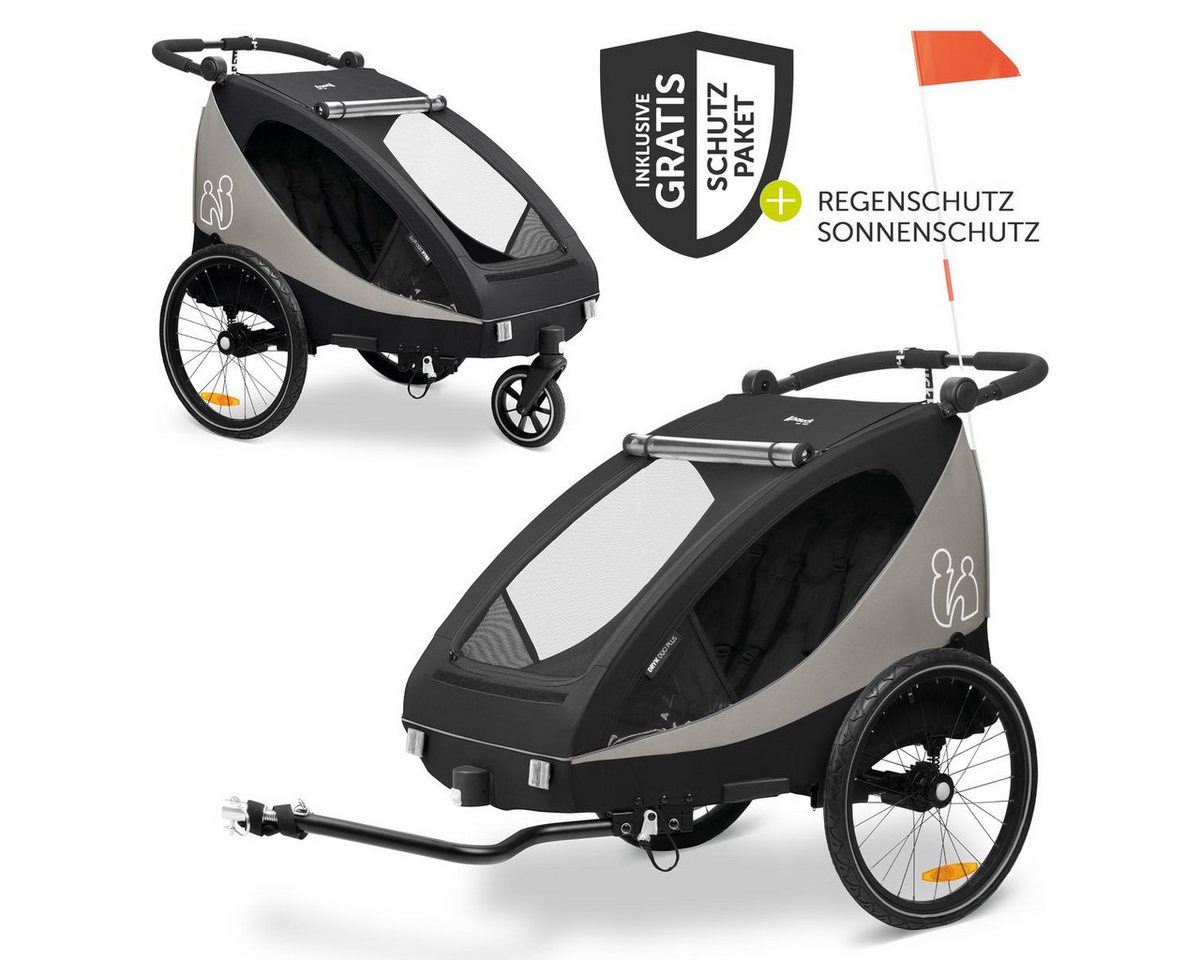 Hauck Fahrradkinderanhänger Dryk Duo Plus - Black, Fahrradanhänger Buggy für 2 Kinder mit Regen-& Sonnenschutz bis 44 kg