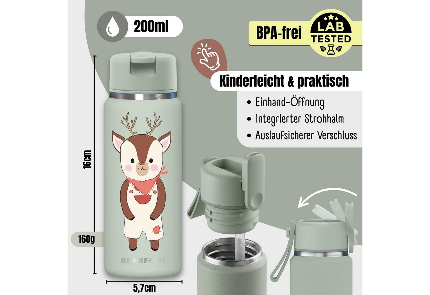 BEARFOOT Trinkflasche TINY Thermo Kinder Trinkflasche Edelstahl - Reh, Thermosflasche, auslaufsicher, Edelstahl, Kinderflasche, BPA-frei Bild 5
