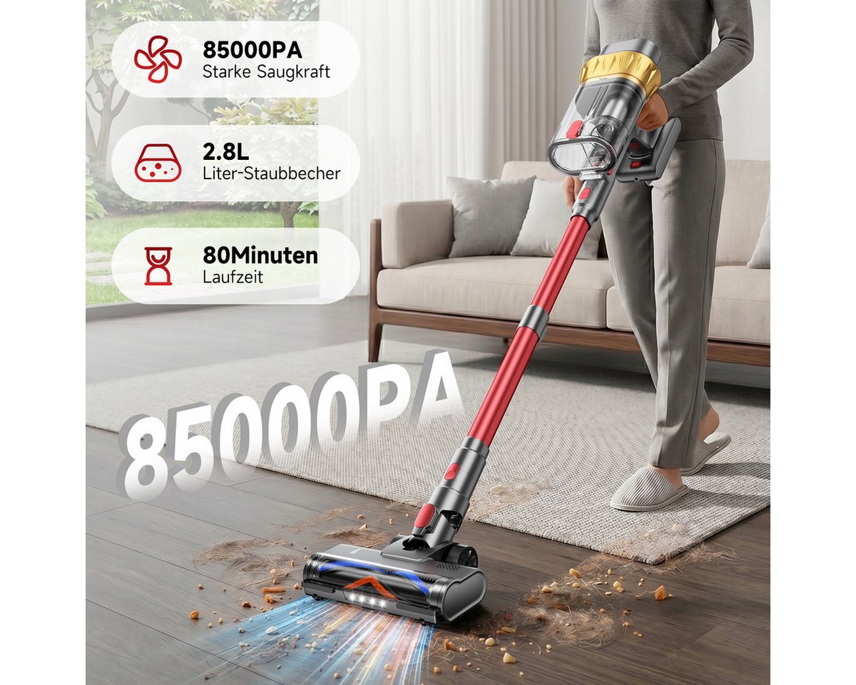 hganus Hand-und Stielstaubsauger Akku Staubsauger 85000Pa/2.8L/80min für Tierhaare/Teppiche/Hartböden, 650 W, beutellos, mit Display, Anti-Tangle-Bürste, Wandladestation, Ultraleise Bild 5