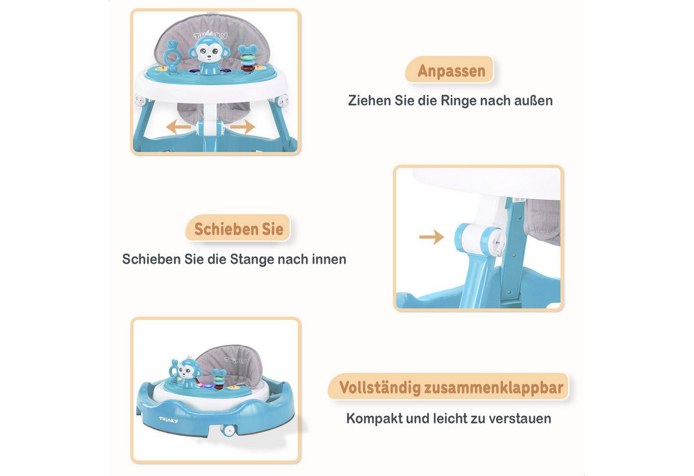 TWINKY Lauflernhilfe für Baby - Klappbarer Lauflernwagen mit Schiebegriff, (Bedienungsanleitung für Babywalker) Bild 4