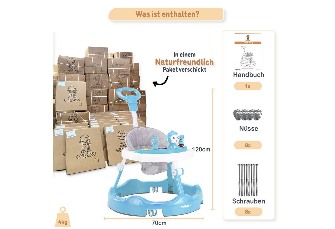 TWINKY Lauflernhilfe für Baby - Klappbarer Lauflernwagen mit Schiebegriff, (Bedienungsanleitung für Babywalker) Bild 5