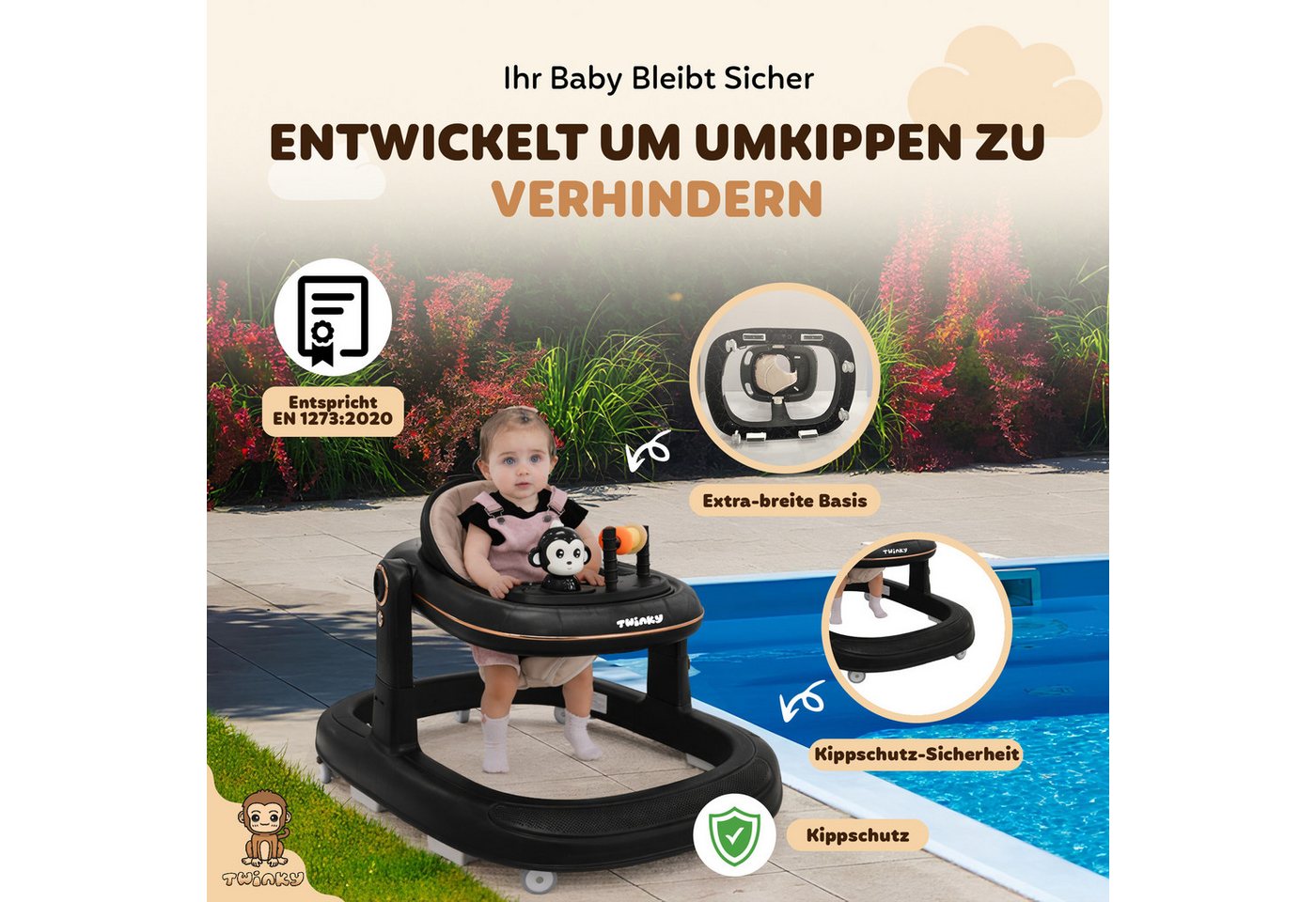 TWINKY Lauflernhilfe für Baby - Klappbarer Lauflernwagen mit Schiebegriff