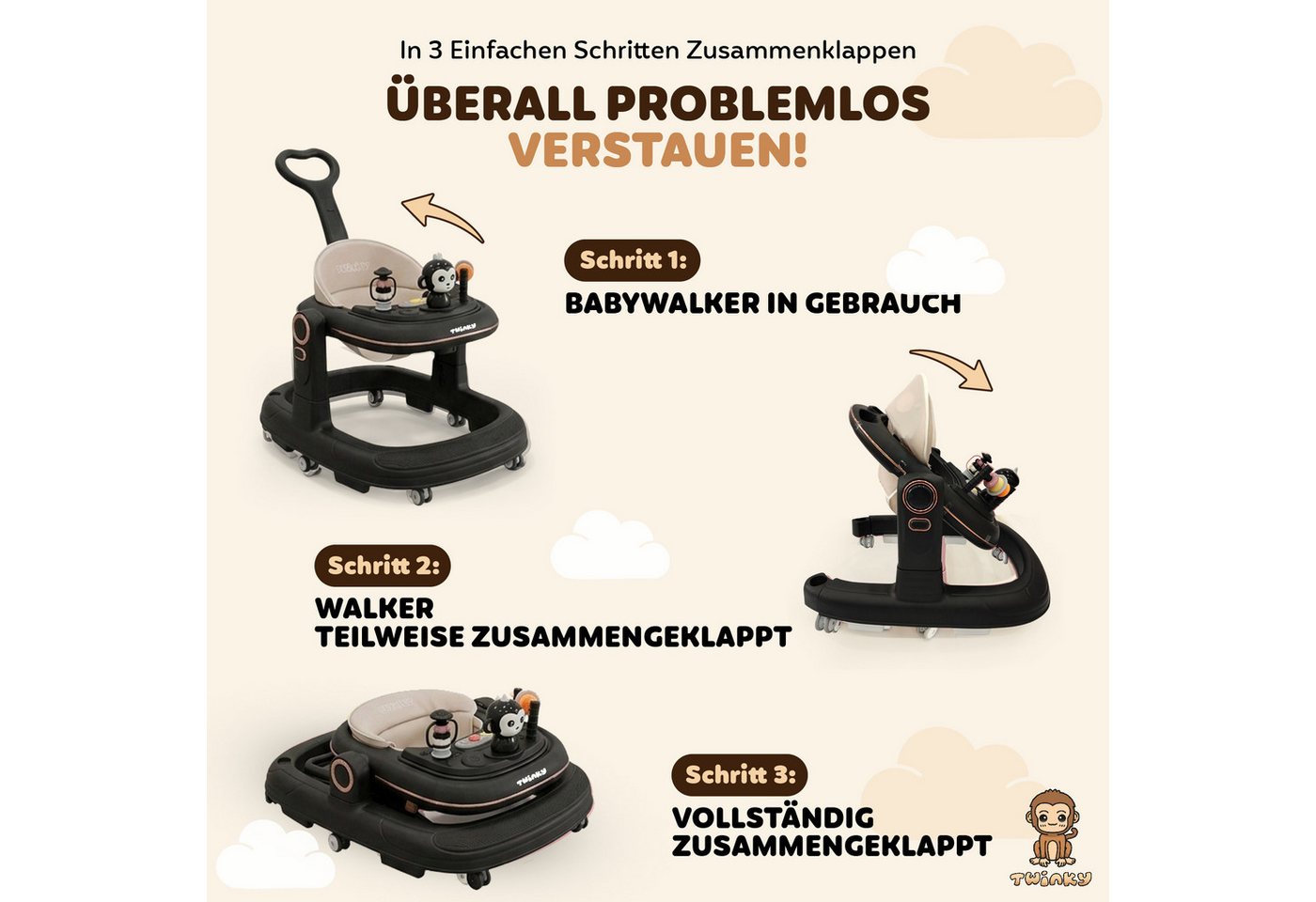 TWINKY Lauflernhilfe für Baby - Klappbarer Lauflernwagen mit Schiebegriff Bild 2