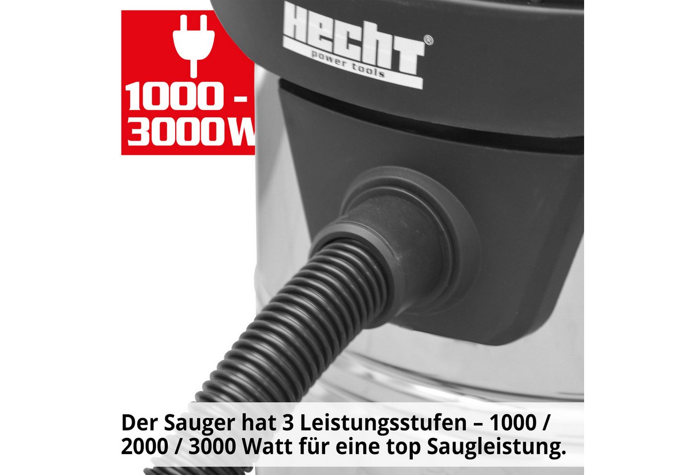 Hecht Industriesauger 8380 Nass-Trockensauger 80L Edelstahlbehälter Werkstattsauger, 3000 W, Behälter, beutellos Staubsauger Baustelle Garage