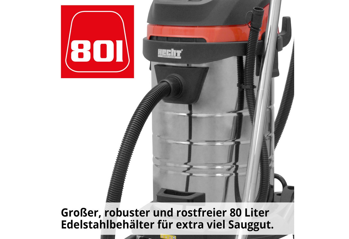 Hecht Industriesauger 8380 Nass-Trockensauger 80L Edelstahlbehälter Werkstattsauger, 3000 W, Behälter, beutellos Staubsauger Baustelle Garage Bild 3