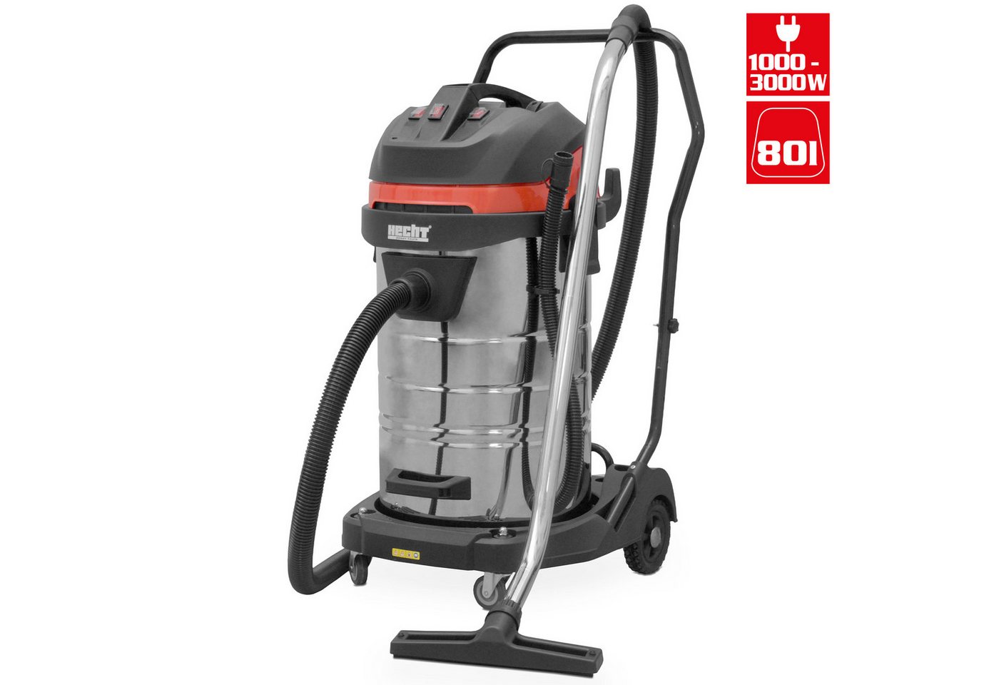 Hecht Industriesauger 8380 Nass-Trockensauger 80L Edelstahlbehälter Werkstattsauger, 3000 W, Behälter, beutellos Staubsauger Baustelle Garage Bild 5