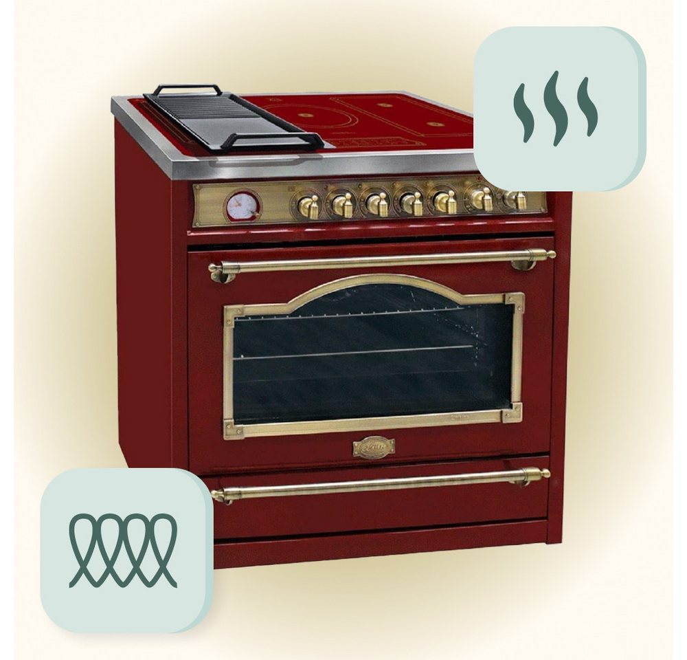 Kaiser Küchengeräte Induktions-Standherd Range Coocker 90cm, Elektro Standherd 90 cm+ Retro Wasserkocher HC 93655 IRotEm+WK 2000 RotEm., mit 1-fach-Teleskopauszug